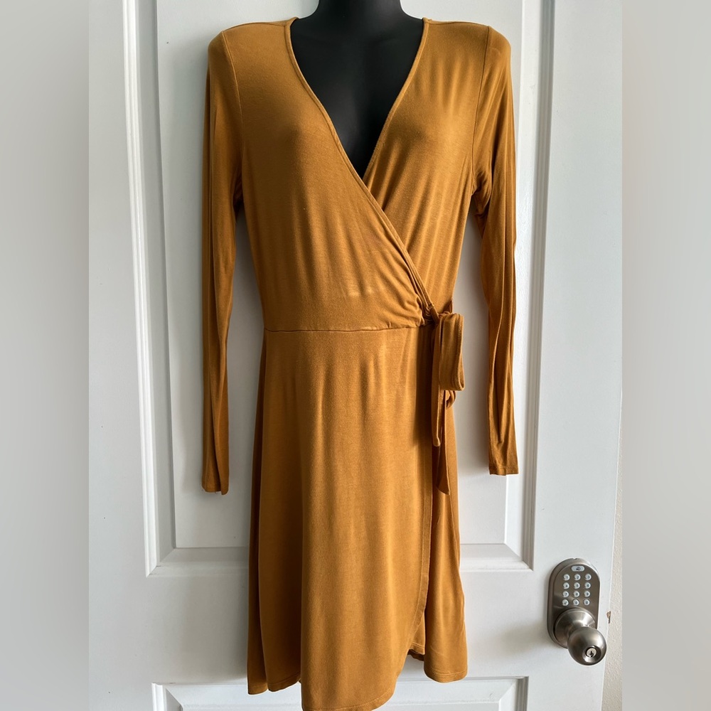 Express Yellow Long Sleeve Sheath Dress with Tie Front